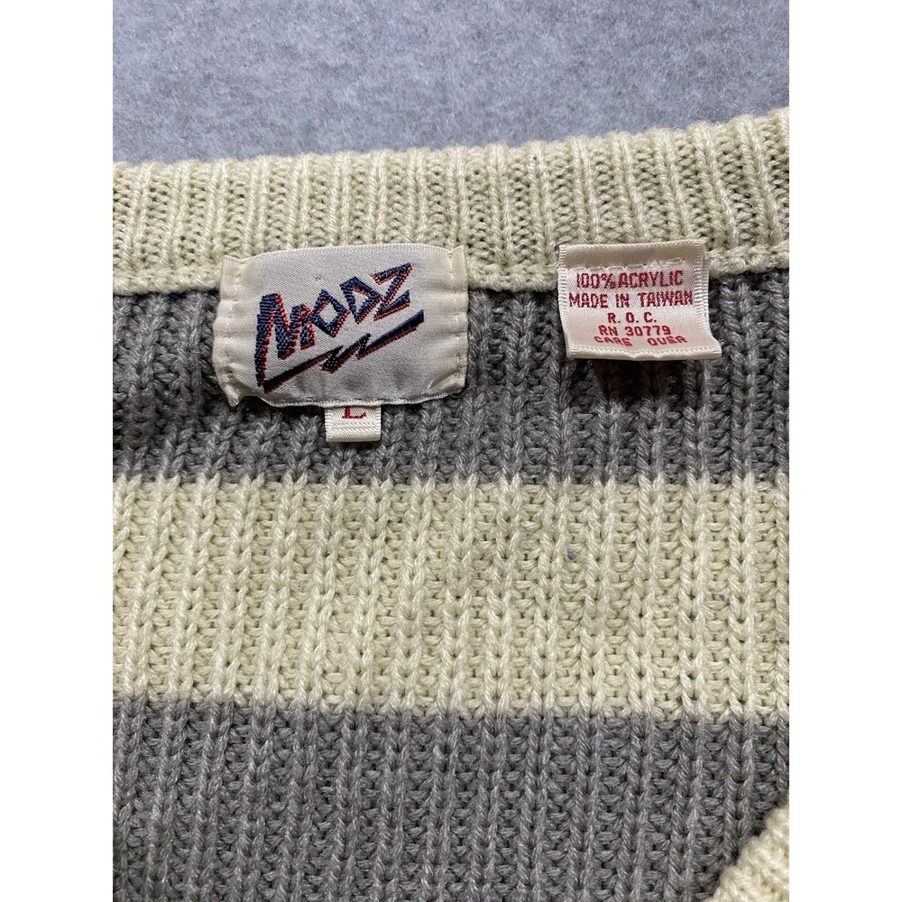 MODZ V-Neck Sweater Cream, Gray and Royal Blue Stripe Size Large Women's Vintage - Picture 4 of 11